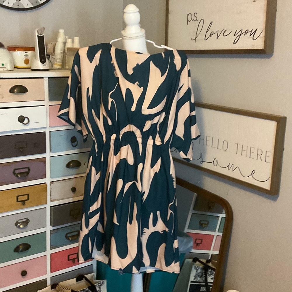 Abstract Patterned Dress in Teal and Cream